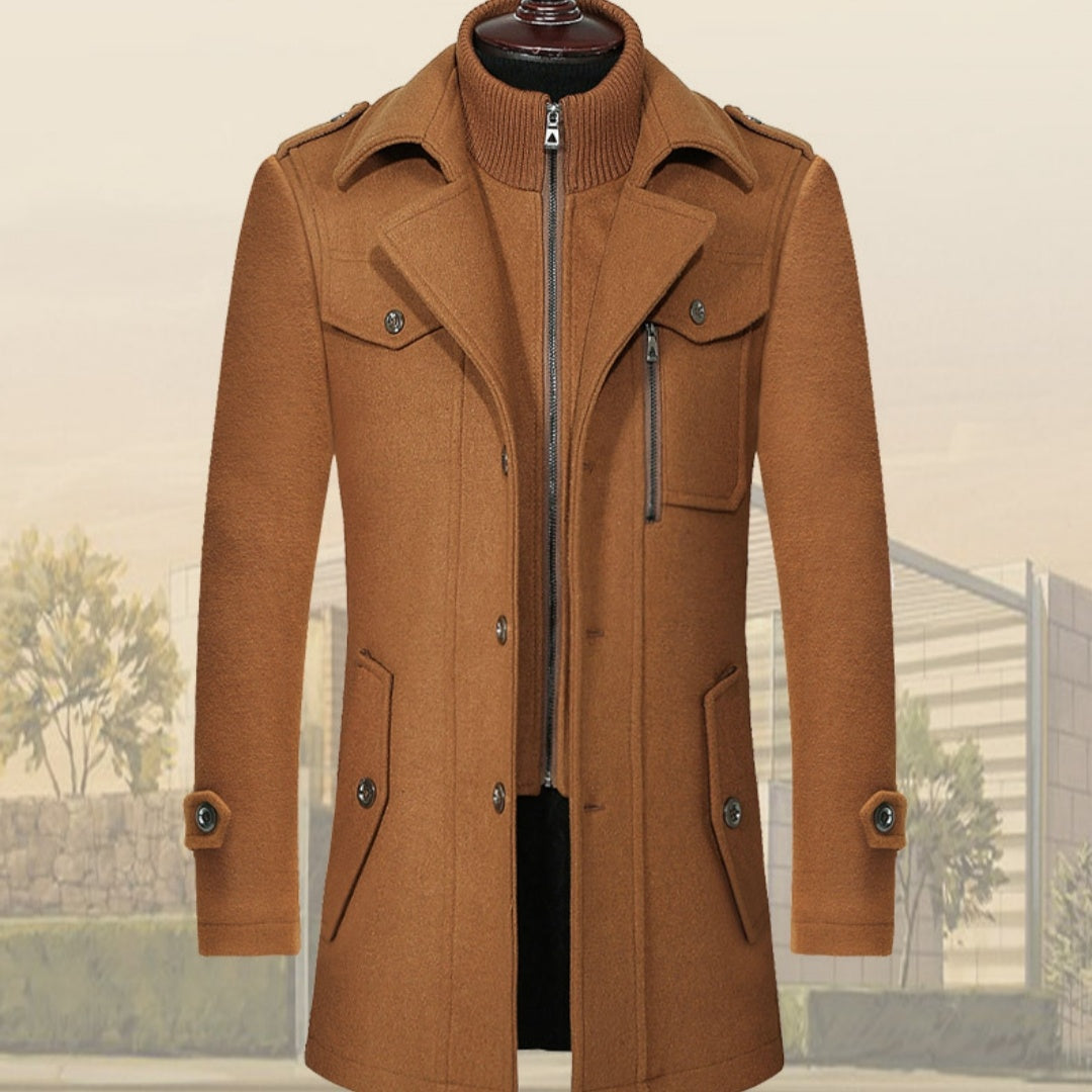 Men's Woolen Coat Double Collar Standard Vertical Zipper Jacket