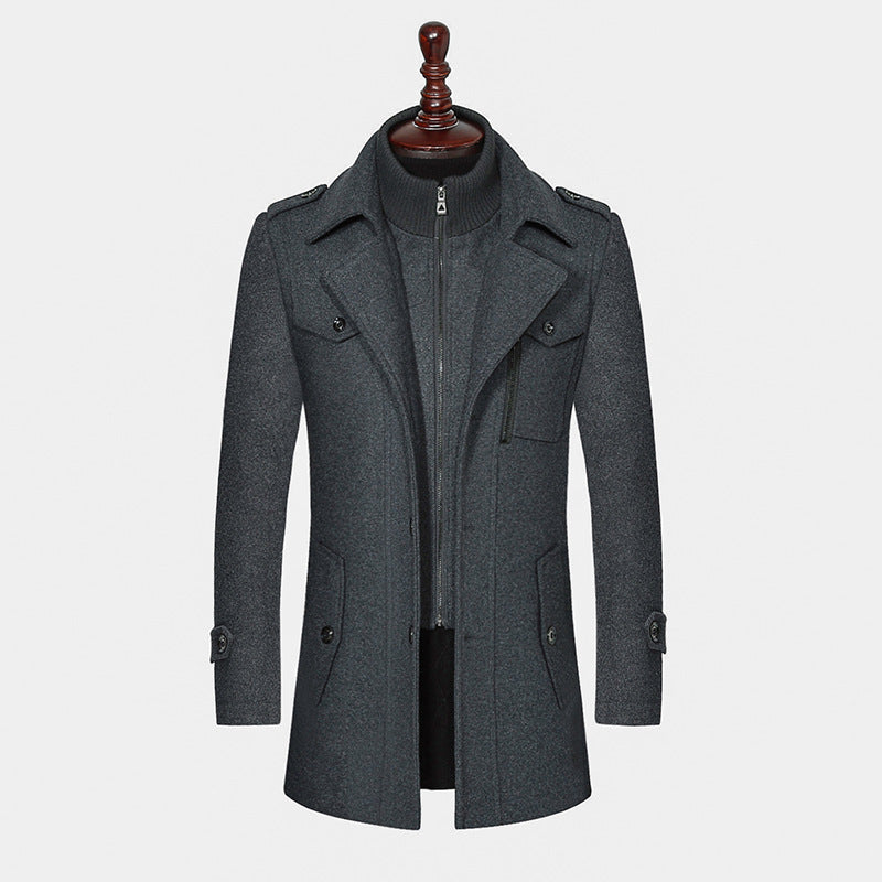 Men's Woolen Coat Double Collar Standard Vertical Zipper Jacket