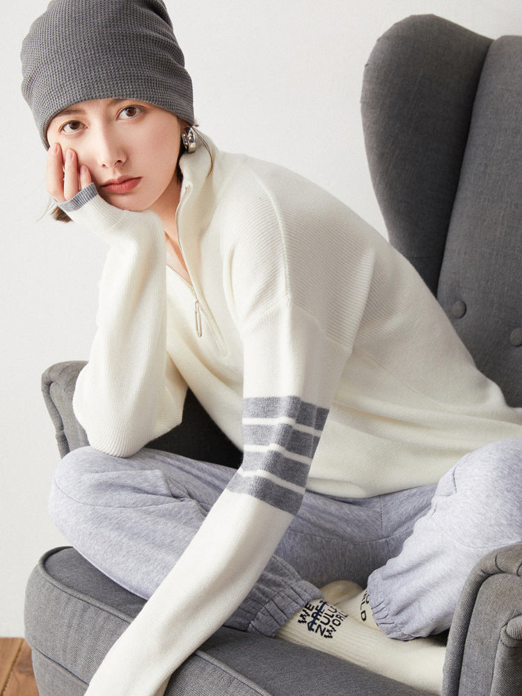 Knit Sweater Women Loose Pullover High Collar Block Zipper