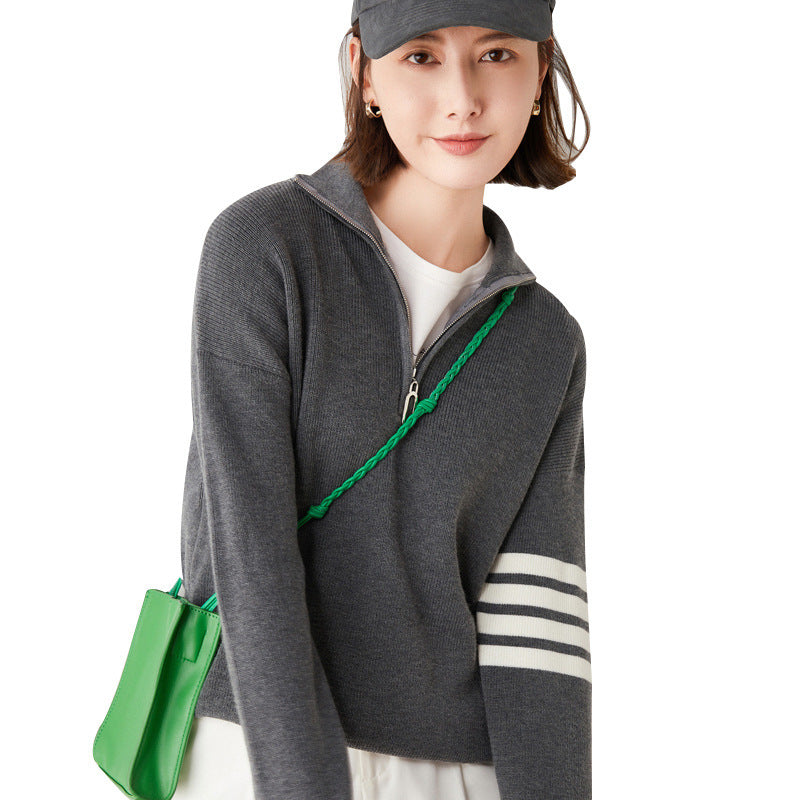 Knit Sweater Women Loose Pullover High Collar Block Zipper