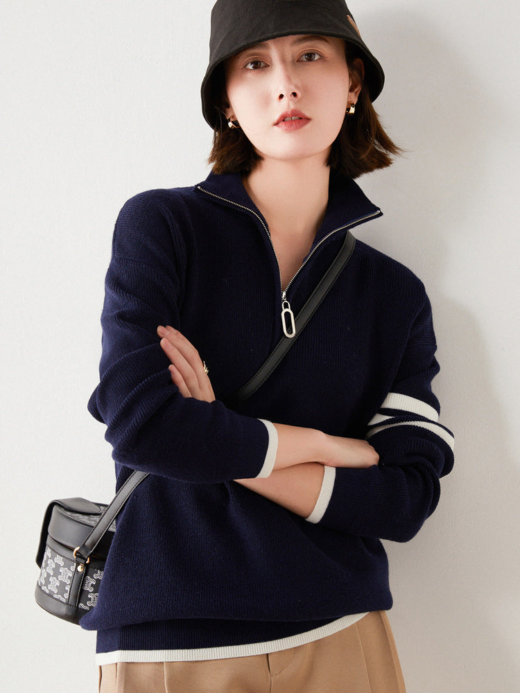 Knit Sweater Women Loose Pullover High Collar Block Zipper