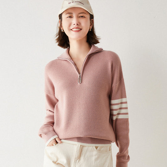 Knit Sweater Women Loose Pullover High Collar Block Zipper