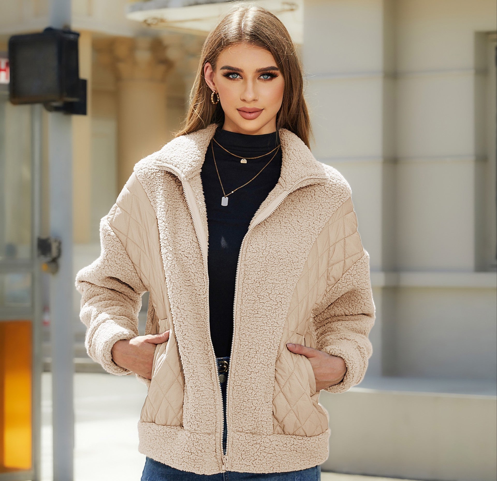 Cardigan Zipper Plush Stitching Women's Coat