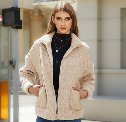 Cardigan Zipper Plush Stitching Women's Coat