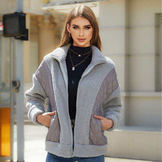 Cardigan Zipper Plush Stitching Women's Coat