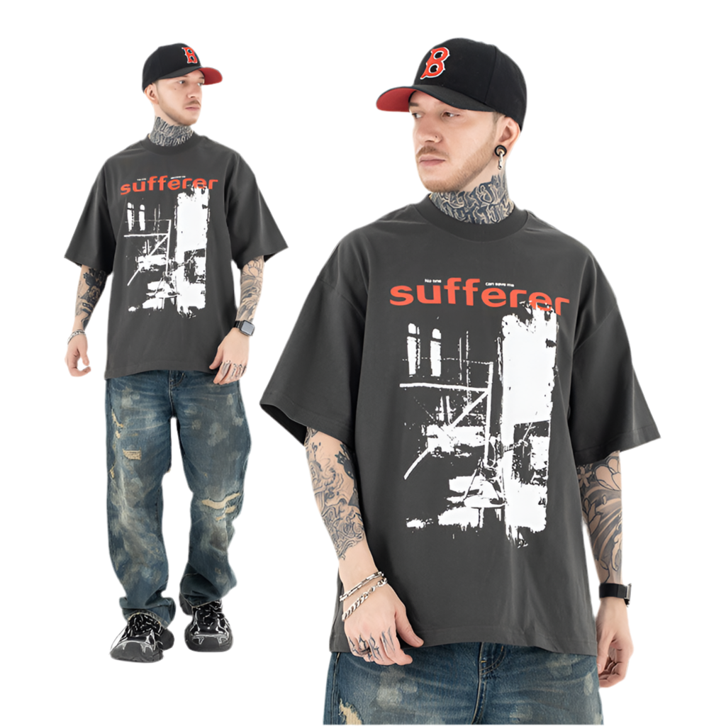 Retro Creative Printing Washed Distressed Short-sleeved T-shirt - Grey