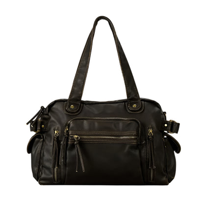 A person carrying a large black and brown retro style messenger bag.