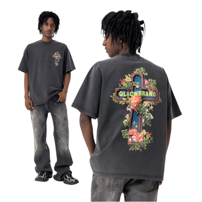 Floral Cross Washed Heavy Round Neck Short Sleeve T-Shirt Men