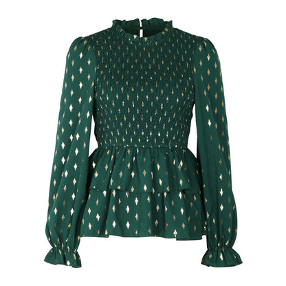 Women’s Regal Green Ruffle Long-sleeved Top