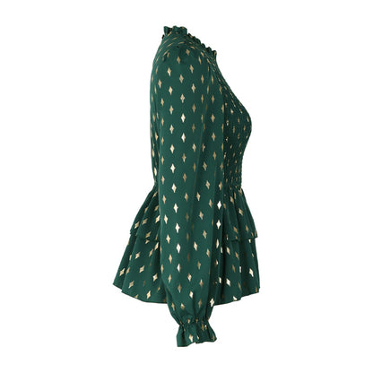 Women’s Regal Green Ruffle Long-sleeved Top