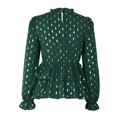 Women’s Regal Green Ruffle Long-sleeved Top