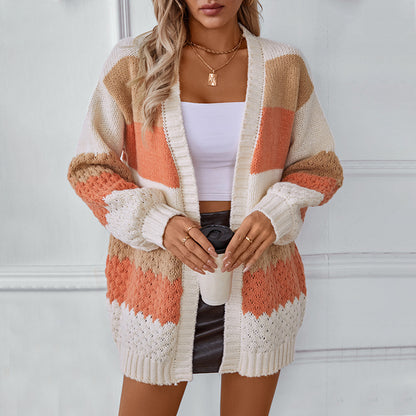Drizzle Color Stripe European And American Sweater Cardigan Women&#039;s Autumn And Winter New Casual Loose Lantern Sleeve Cross-border Sweater