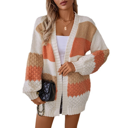 Drizzle Color Stripe European And American Sweater Cardigan Women&#039;s Autumn And Winter New Casual Loose Lantern Sleeve Cross-border Sweater