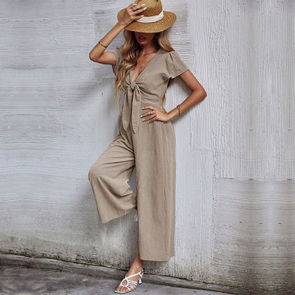Summer New Sexy Nine-point Cotton Linen Wide-leg European And American Casual Jumpsuit