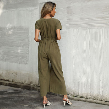 Summer New Sexy Nine-point Cotton Linen Wide-leg European And American Casual Jumpsuit
