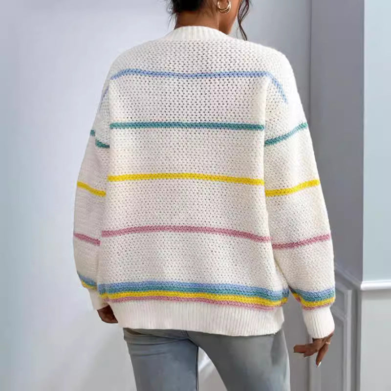 Autumn And Winter Rainbow Strip Knitted Cardigan Cross-border Foreign Trade Women&#039;s Sweater Fashion Loose Casual All-match Knitted Sweater Jacket