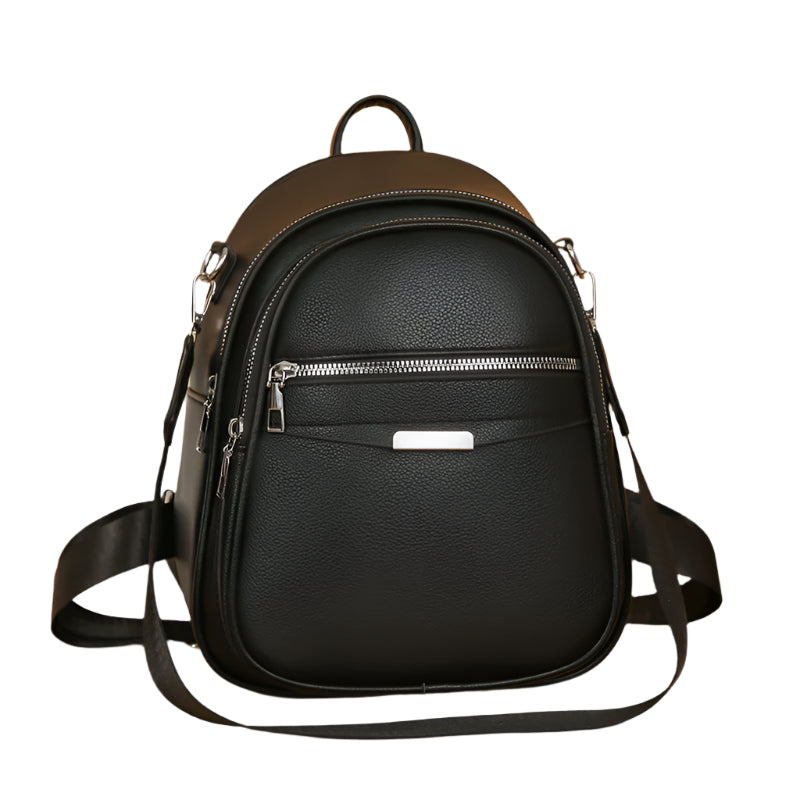 A black polyester backpack with a front zipper pocket, set against a neutral background.