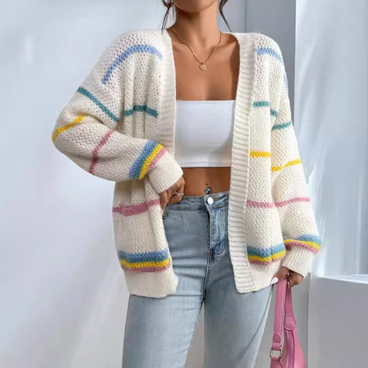 Autumn And Winter Rainbow Strip Knitted Cardigan Cross-border Foreign Trade Women&#039;s Sweater Fashion Loose Casual All-match Knitted Sweater Jacket