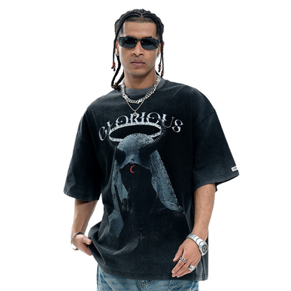 Reverse Washed Black Creative Street Trend T-Shirt 