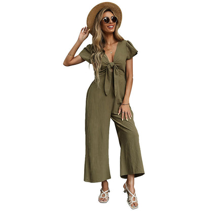 Summer New Sexy Nine-point Cotton Linen Wide-leg European And American Casual Jumpsuit