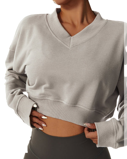 European And American Loose Long-sleeved Sports Sweater Women&#039;s Outdoor Fitness Wear V-neck Pullover Casual Top Fashion All-match Sweater