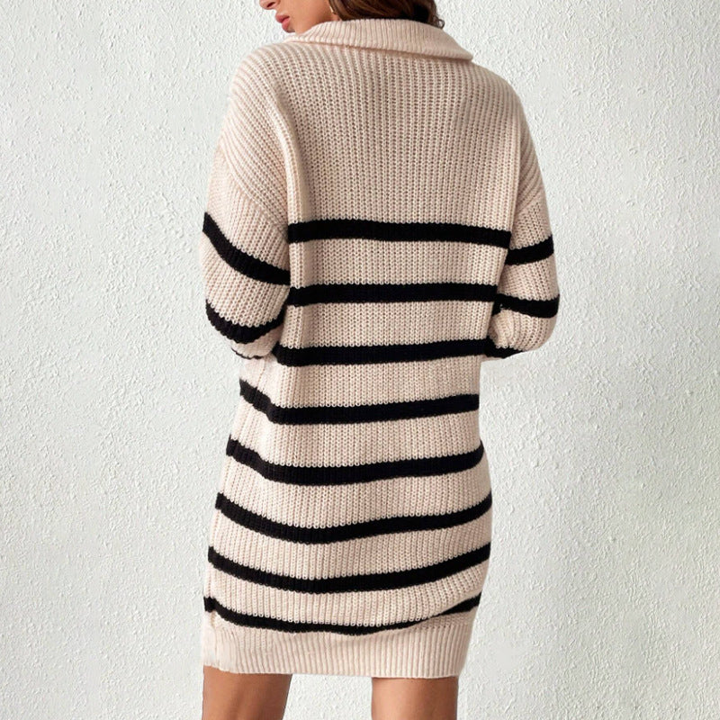 Amazon Cross-border Hot Sale Women&#039;s Knitted Dress Classic Striped Pullover Long Sleeve Half Zipper Autumn And Winter Bottoming Sweater Dress