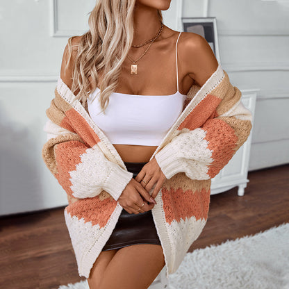 Drizzle Color Stripe European And American Sweater Cardigan Women&#039;s Autumn And Winter New Casual Loose Lantern Sleeve Cross-border Sweater