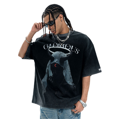 Reverse Washed Black Creative Street Trend T-Shirt 