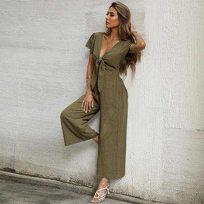 Summer New Sexy Nine-point Cotton Linen Wide-leg European And American Casual Jumpsuit