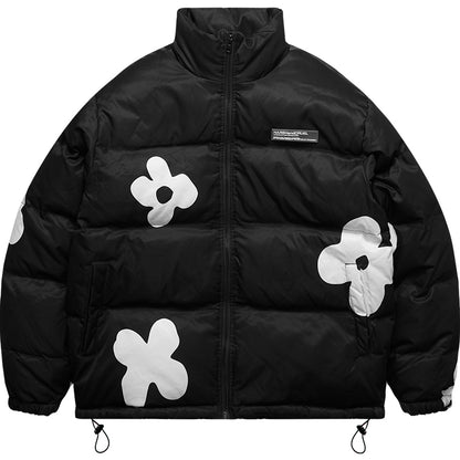 Harshandcruel Interesting Hand-painted Flowers Stand-up Collar Windproof Warm Cotton Jacket