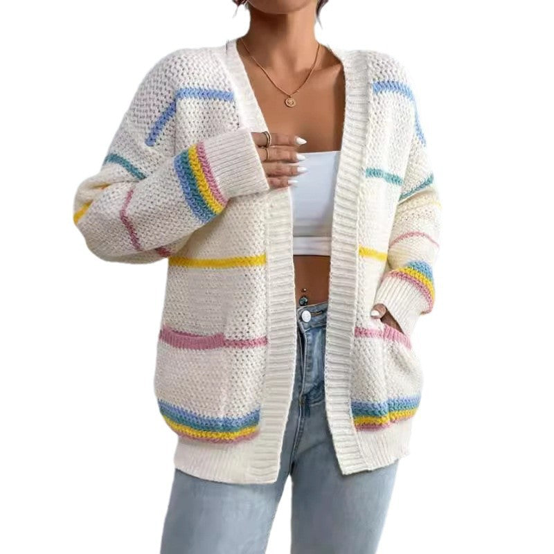 Autumn And Winter Rainbow Strip Knitted Cardigan Cross-border Foreign Trade Women&#039;s Sweater Fashion Loose Casual All-match Knitted Sweater Jacket