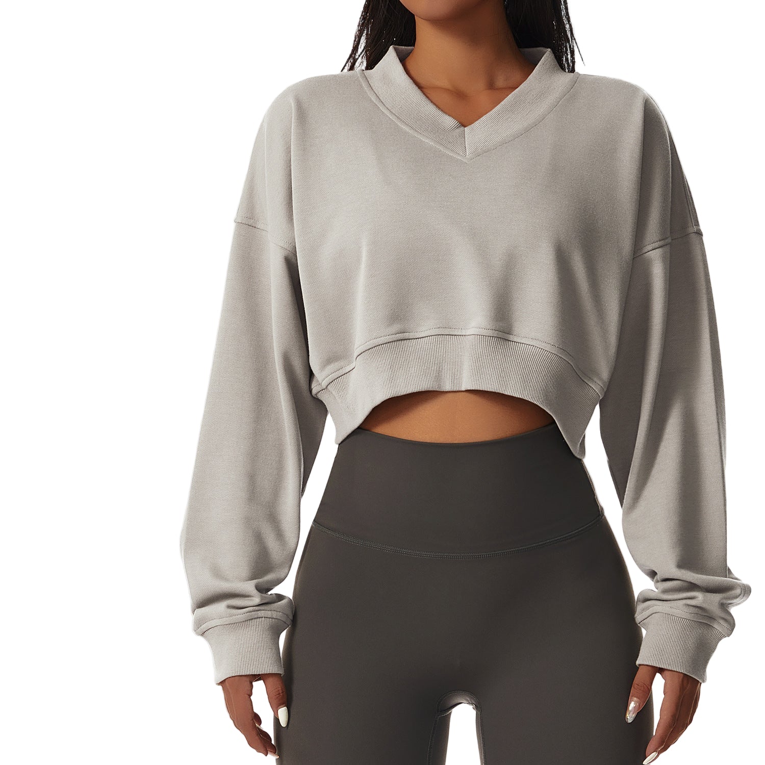European And American Loose Long-sleeved Sports Sweater Women&#039;s Outdoor Fitness Wear V-neck Pullover Casual Top Fashion All-match Sweater