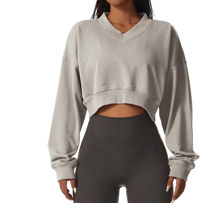European And American Loose Long-sleeved Sports Sweater Women&#039;s Outdoor Fitness Wear V-neck Pullover Casual Top Fashion All-match Sweater