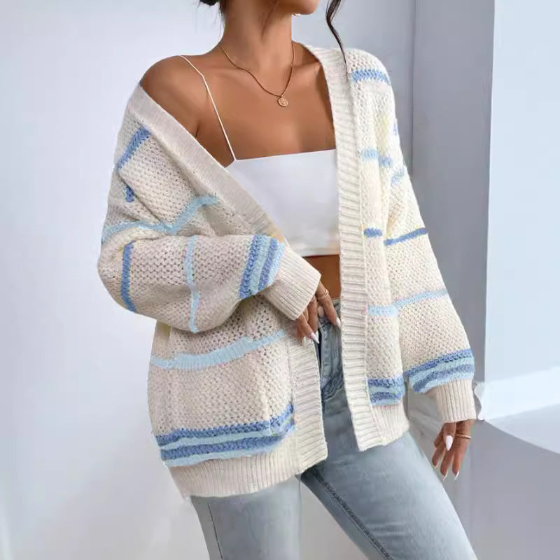 Autumn And Winter Rainbow Strip Knitted Cardigan Cross-border Foreign Trade Women&#039;s Sweater Fashion Loose Casual All-match Knitted Sweater Jacket