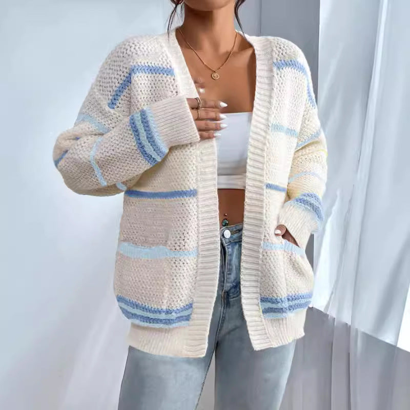 Autumn And Winter Rainbow Strip Knitted Cardigan Cross-border Foreign Trade Women&#039;s Sweater Fashion Loose Casual All-match Knitted Sweater Jacket