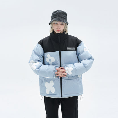 Harshandcruel Interesting Hand-painted Flowers Stand-up Collar Windproof Warm Cotton Jacket