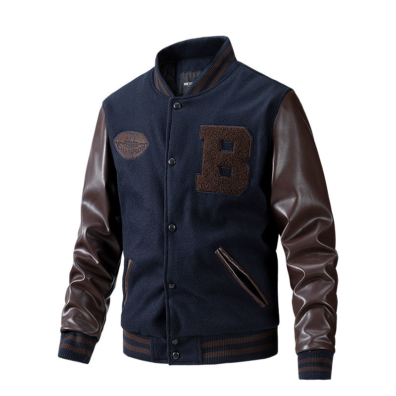 Woolen Sleeves With Puleather Baseball Suit Coat Foreign Trade American Casual Men&#039;s Embroidery Stitching Cross-border Foreign Trade Men&#039;s Clothing