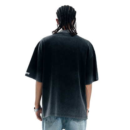 Reverse Washed Black Creative Street Trend T-Shirt 