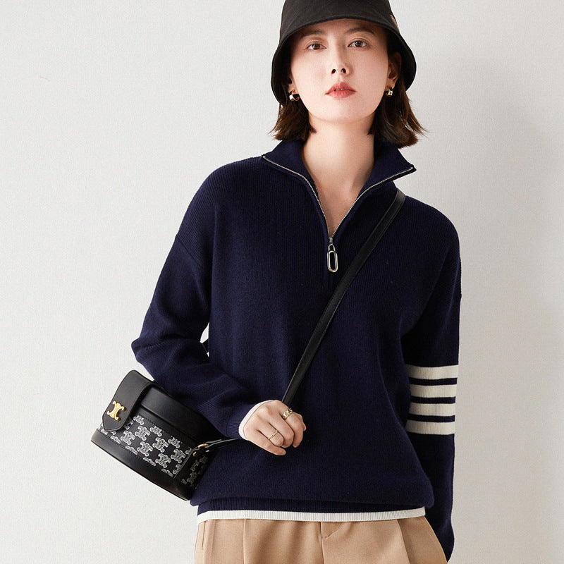 Knit Sweater Women Loose Pullover High Collar Block Zipper