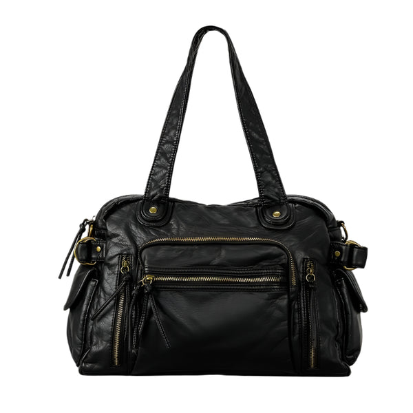 A person carrying a large black and brown retro style messenger bag.