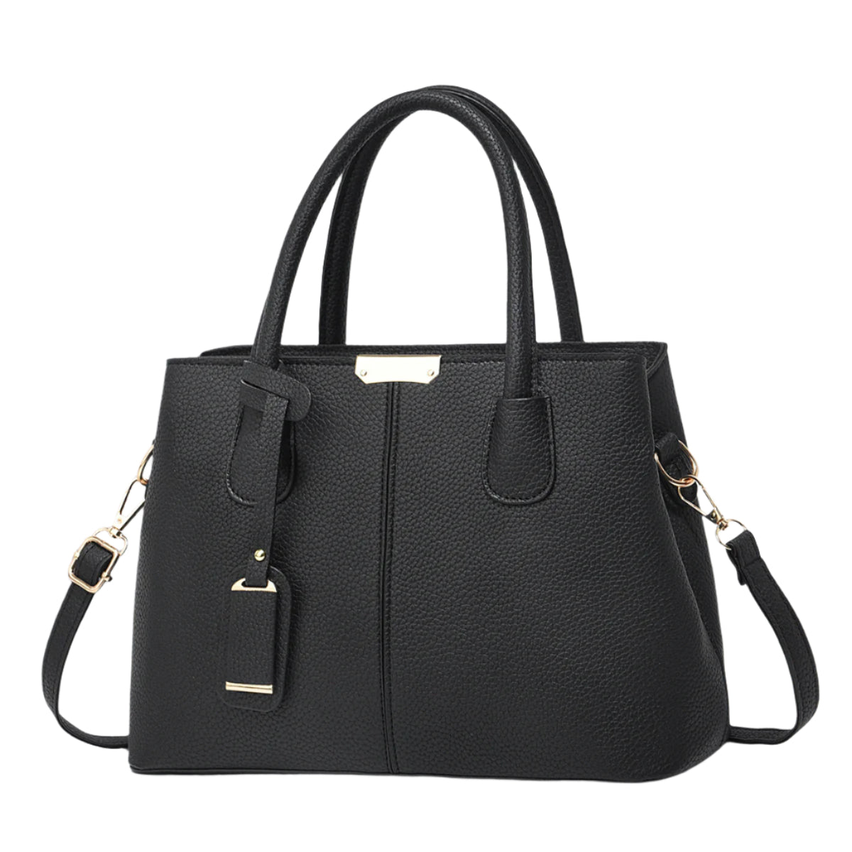 A black shoulder messenger bag with a solid pattern, displayed against an abstract background.