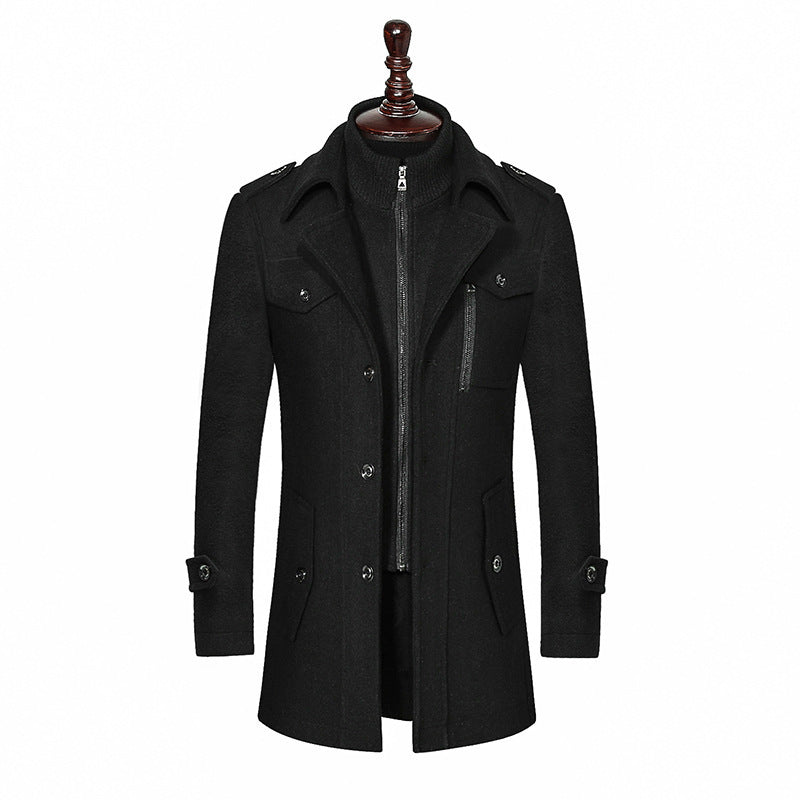 Men's Woolen Coat Double Collar Standard Vertical Zipper Jacket